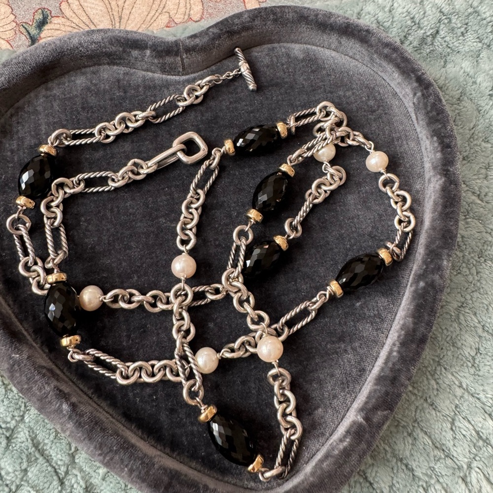 David Yurman Sterling, Gold, Pearl and Faceted Onyx station 36” Necklace/Belt